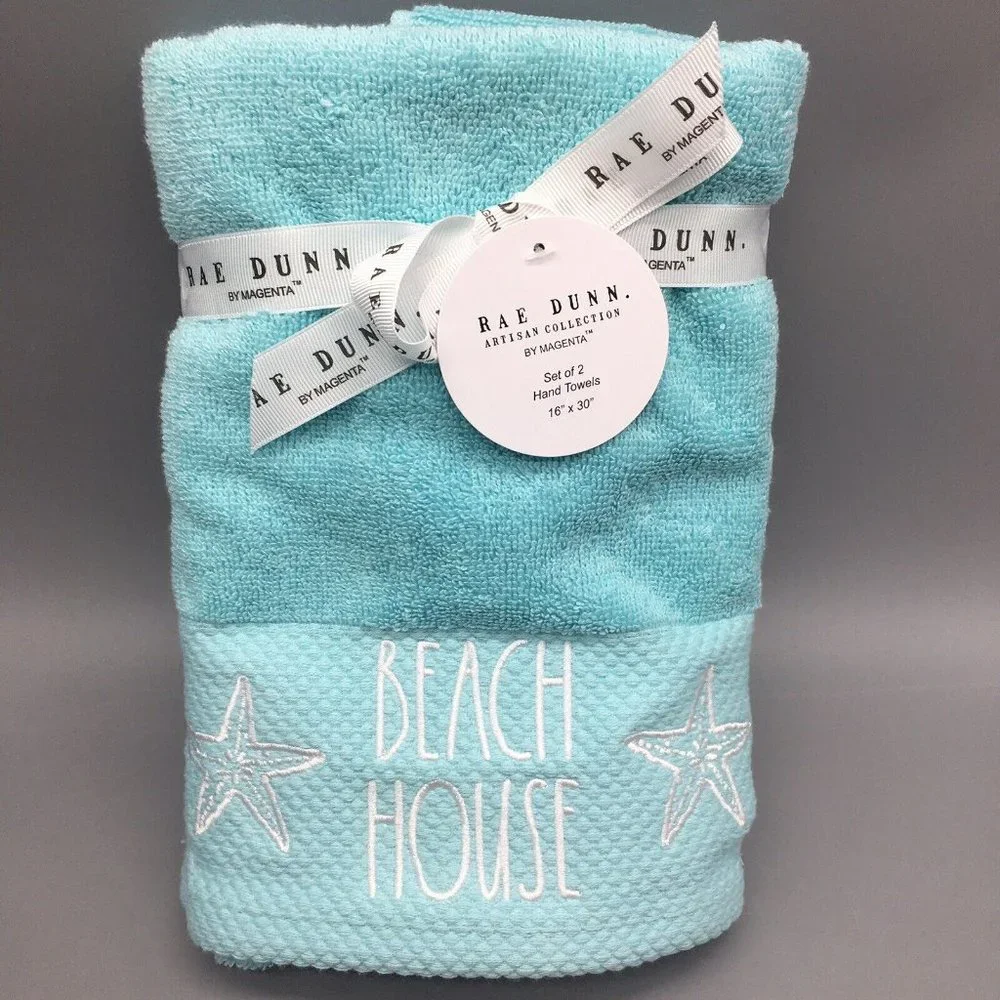 x4 Rae Dunn BEACH HOUSE Starfish Terry Bathroom Hand Towel Set Turquoise NEW